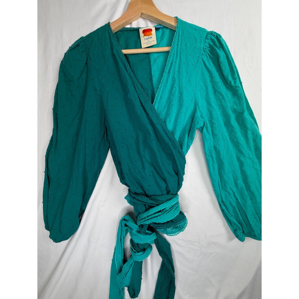 Farm Rio Anthropologie Wrap Top L Teal Green Swiss Dot Colorblock Puff Sleeve